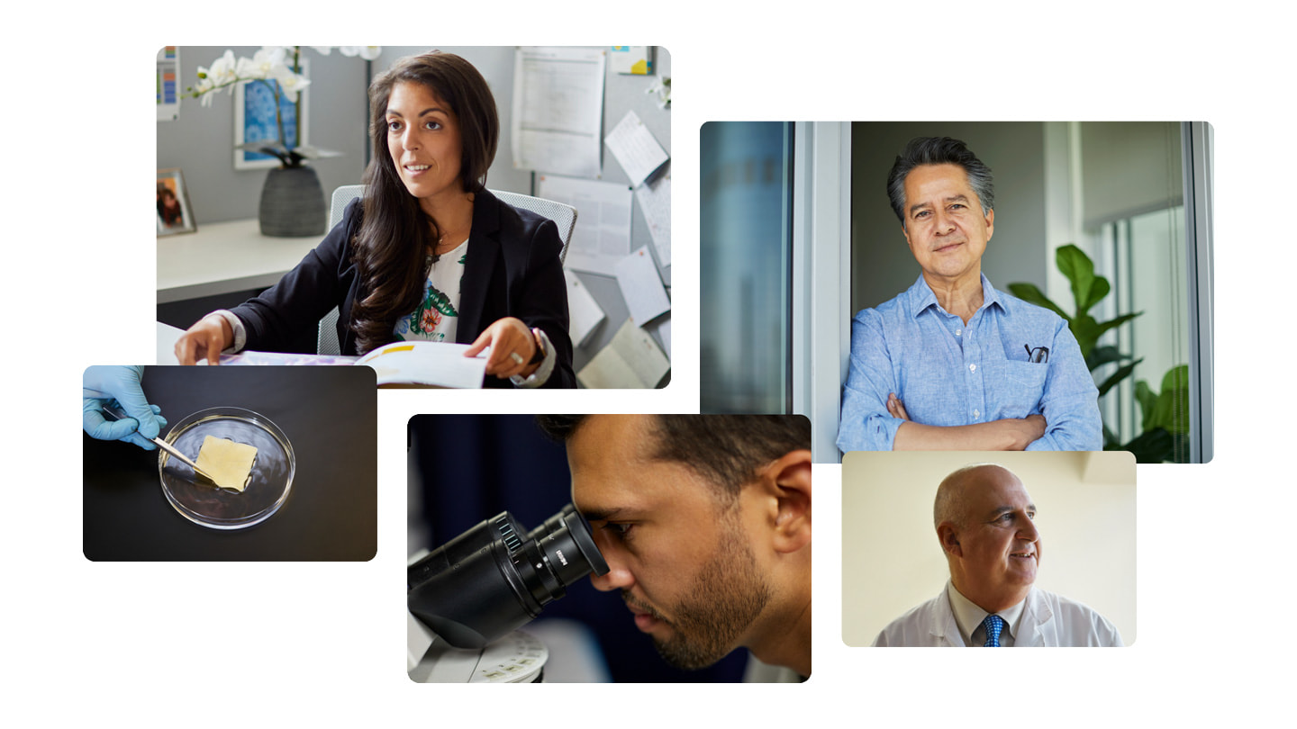 Collage van vijf foto’s van medewerkers van biotechnologiestart-up SweetBio