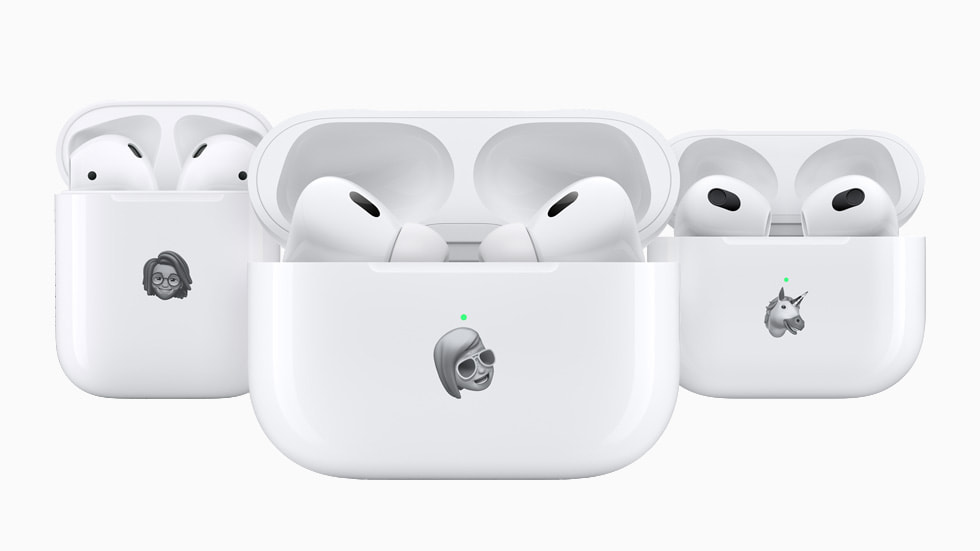 AirPods (2. nesil), AirPods (3. nesil) ve AirPods Pro (2. nesil) kutuları üzerindeki kişiselleştirilmiş Memoji ve Animoji’ler.