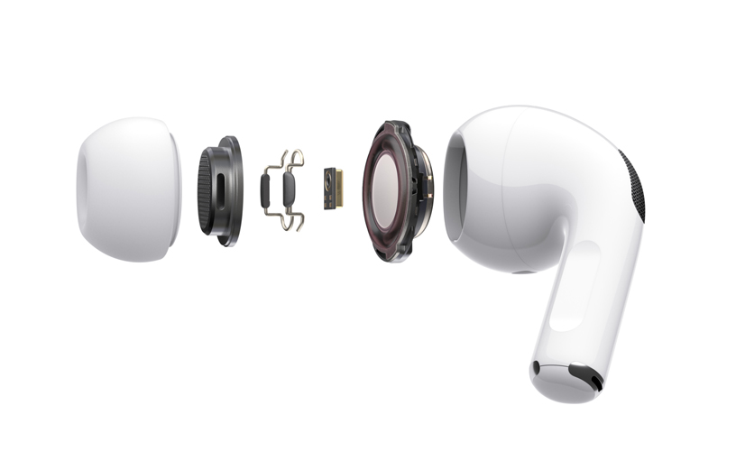 AirPods Pro’nun bileşenleri ayrılmış görünümü.