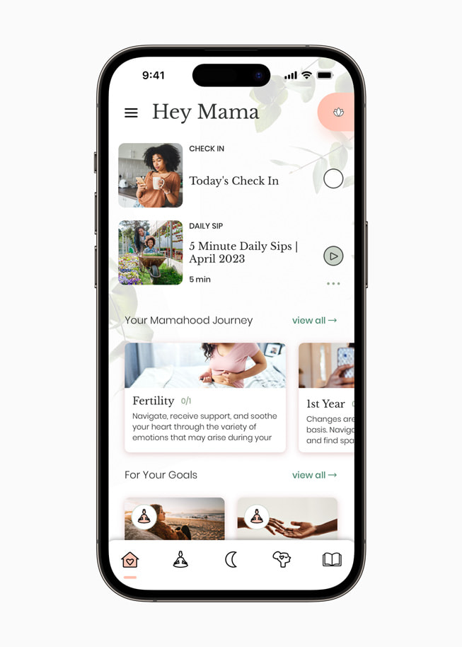 A screen from the Mindful Mamas app on iPhone 14 Pro reads “Hey Mama.”