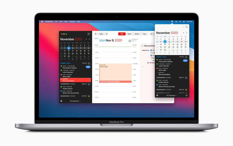 MacBook Pro’da Fantastical takvim uygulaması görüntüleniyor.  