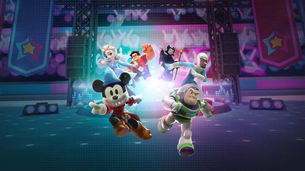新しいApple Arcadeのゲーム”ディズニー・メレー・マニア”に登場する、ミッキーマウスやバズ・ライトイヤーなどのアニメキャラクター。