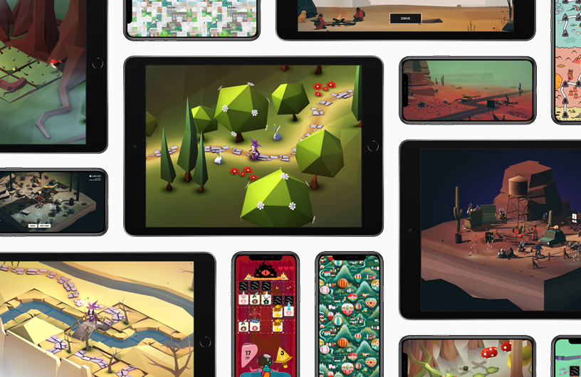 Apple aygıtlarında Apple Arcade oyunlarından sahneler gösteren bir kolaj.