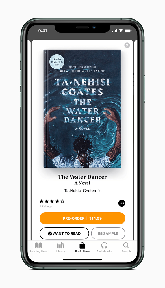 Forudbestillingsskærm for The Water Dancer i Apple-appen Bøger på iPhone 11 Pro.