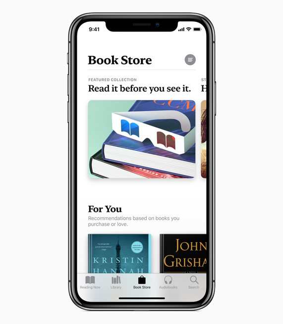 iPhone X’da, Apple Books’taki Book Store ekranı görüntüleniyor.
