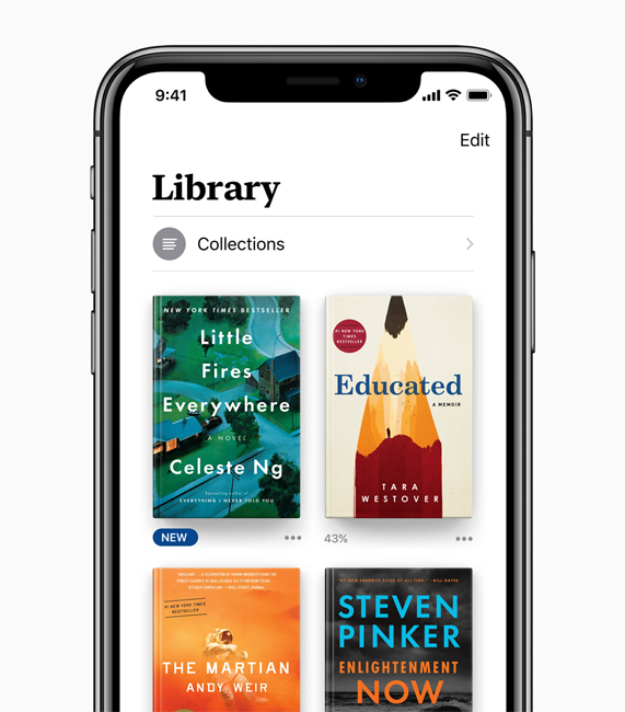 Apple Books’taki Library ekranında Celeste Ng’den Little Fires Everwhere ve Tara Westover’dan Educated eserlerini içeren Koleksiyonlar görüntüleniyor.