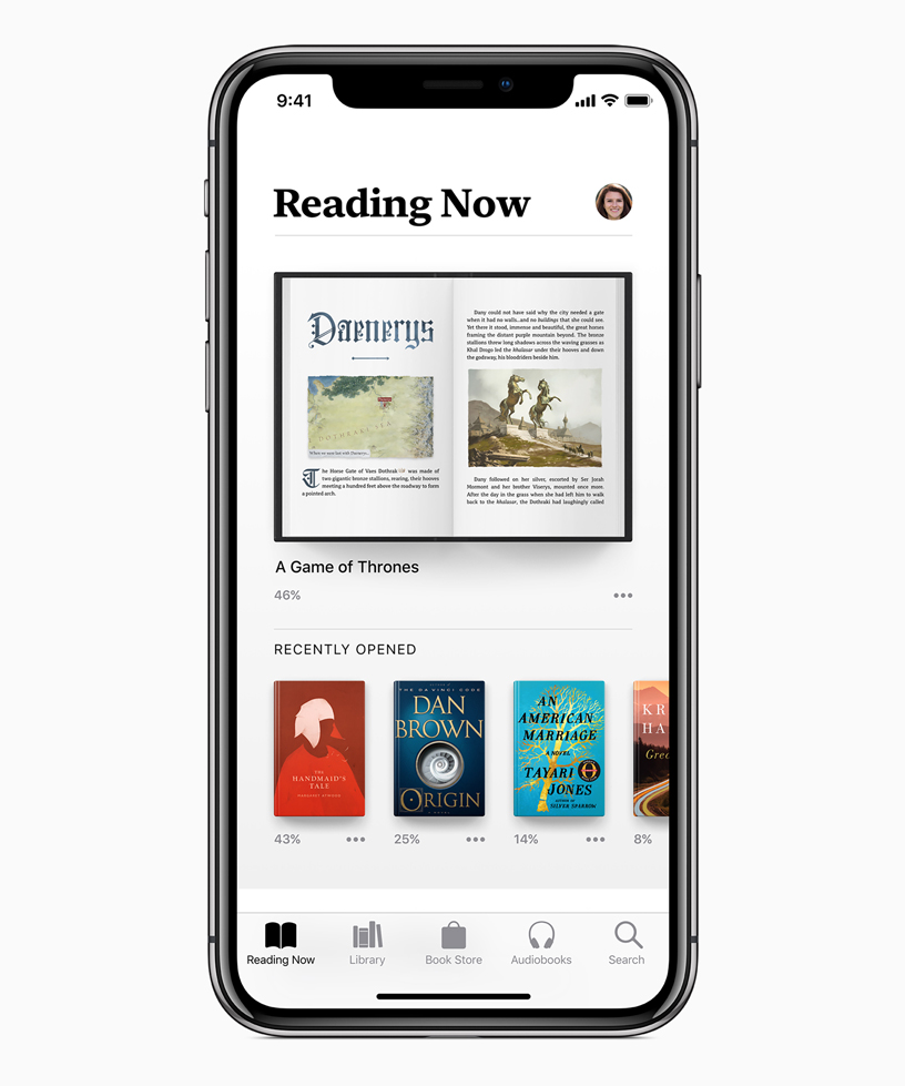 Apple Books uygulamasındaki Reading Now ekranında Taht Oyunları kitabından Daenerys bölümü görüntüleniyor.