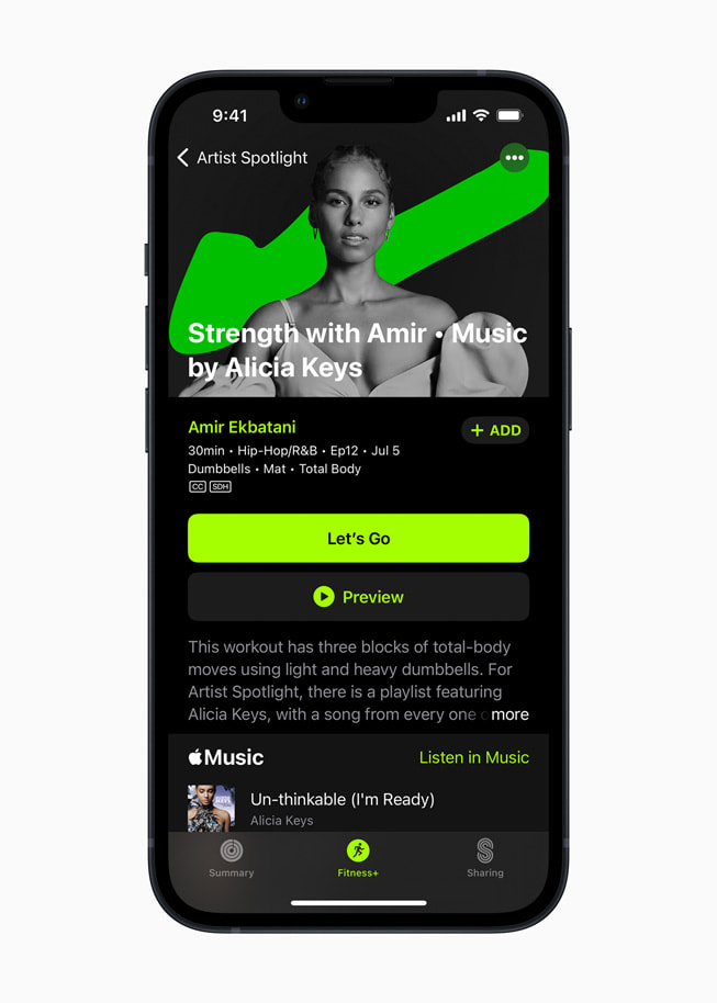 La série Artiste à l’honneur d’Apple Fitness+ affichant un morceau de Jennifer Lopez sur iPhone 13 Pro.