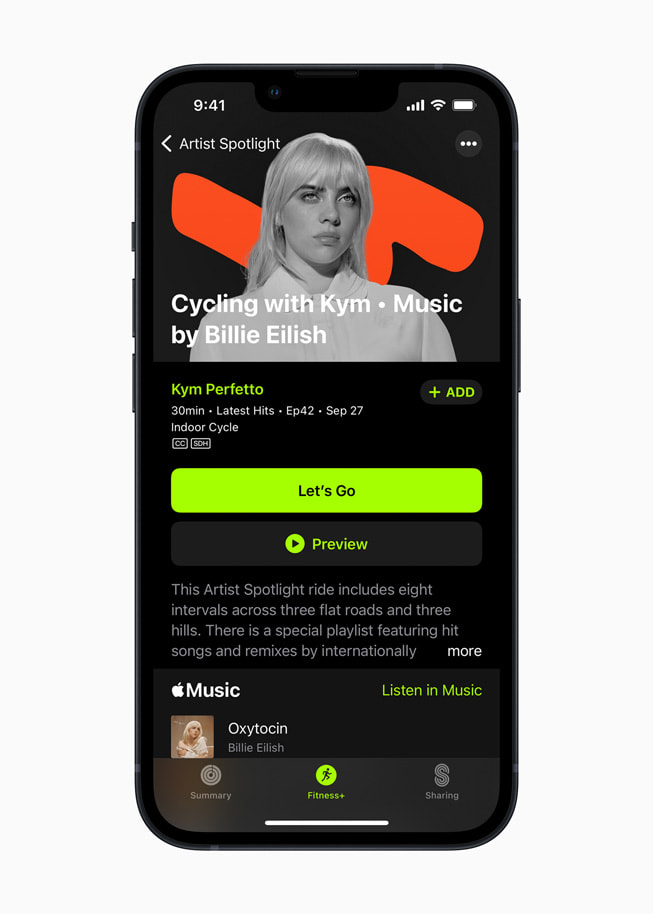 La série Artiste à l’honneur d’Apple Fitness+ affichant un morceau de Billie Eilish sur iPhone 13 Pro.