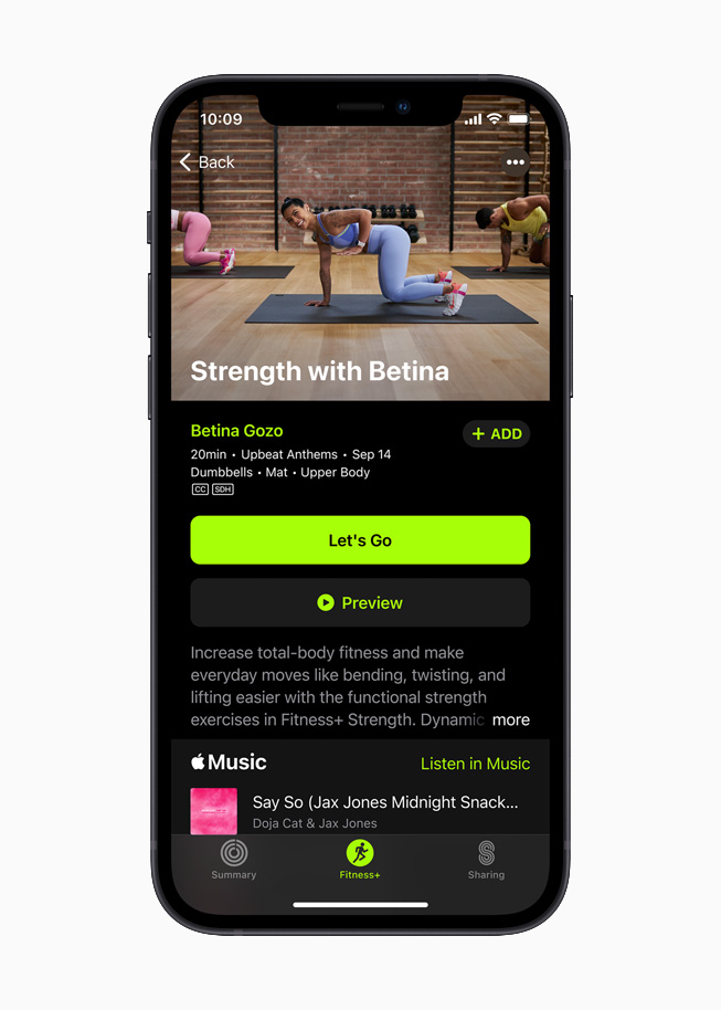 A strength workout and accompanying Apple Music playlist on iPhone 12. 