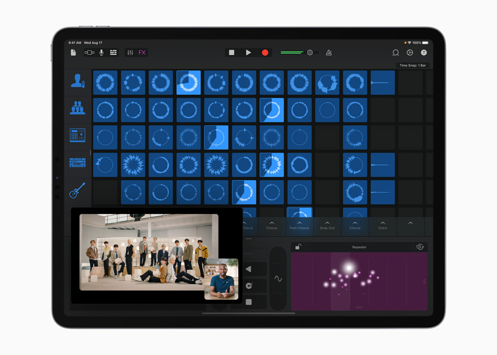 iPad Pro'da GarageBand'in Live Loops arayüzünde SEVENTEEN’in “Darl+ing” parçası.