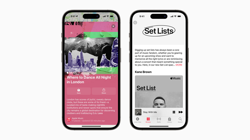 Guider og sætlister i Apple Music vises på to iPhone 14 Pro-enheder.