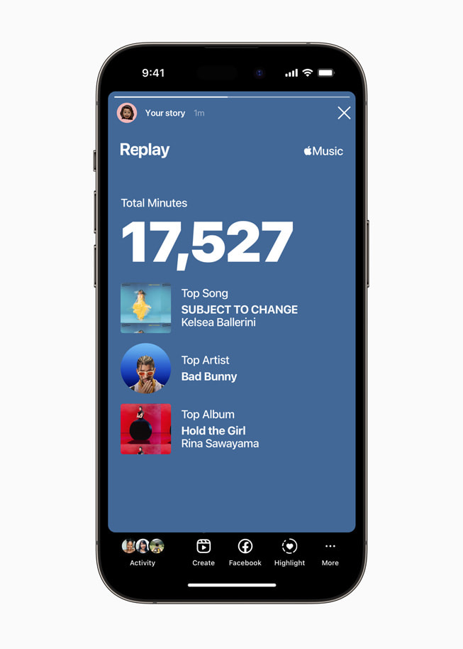 iPhone’daki Apple Music’te bir kullanıcının Replay özeti gösteriliyor.