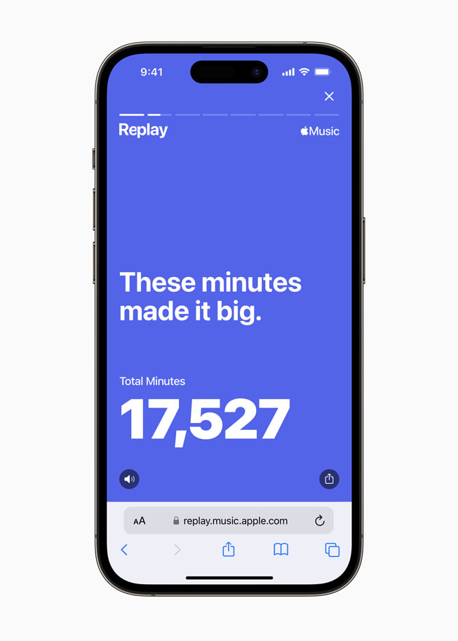 iPhone’daki Apple Music’in Replay özelliğinde bir kullanıcının toplam dinleme süresi gösteriliyor.