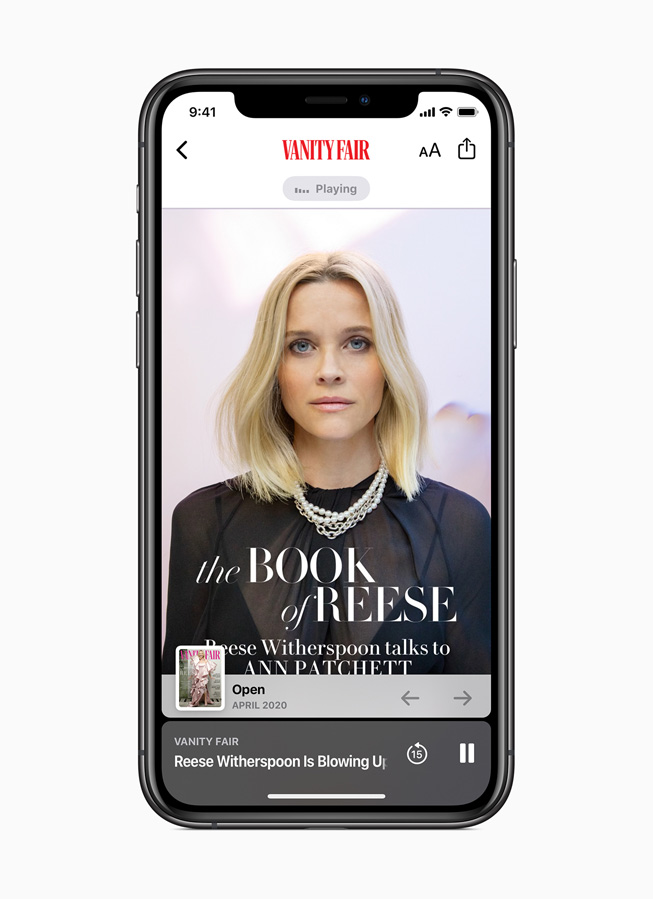 Un reportage audio Apple News+ tiré du magazine Vanity Fair, sur iPhone 11 Pro.