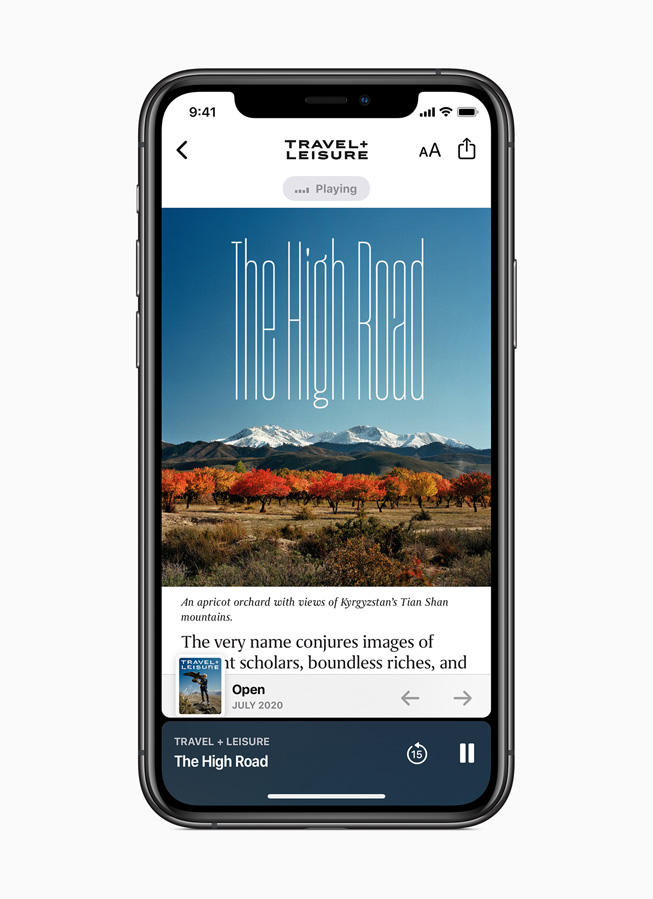Un reportage audio Apple News+ tiré du magazine Travel + Leisure, sur iPhone 11 Pro.