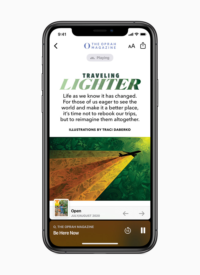Un reportage audio Apple News+ tiré du Oprah Magazine, sur iPhone 11 Pro.