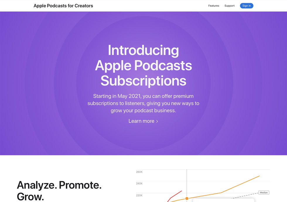Apple Podcasts for Creators web sitesindeki giriş sayfası.