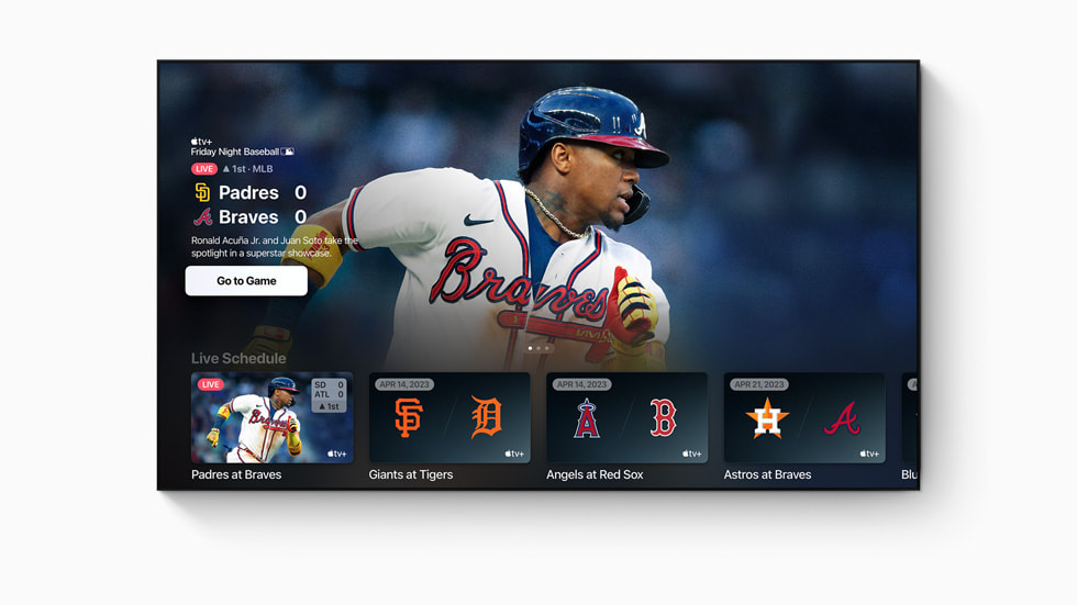 Een illustratie waarin ‘Friday Night Baseball‘ wordt aangekondigd, een nieuwe samenwerking tussen Apple en MLB.