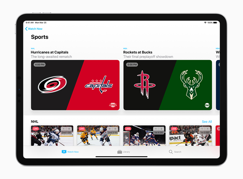 Apple TV uygulamasında Spor ekranı.