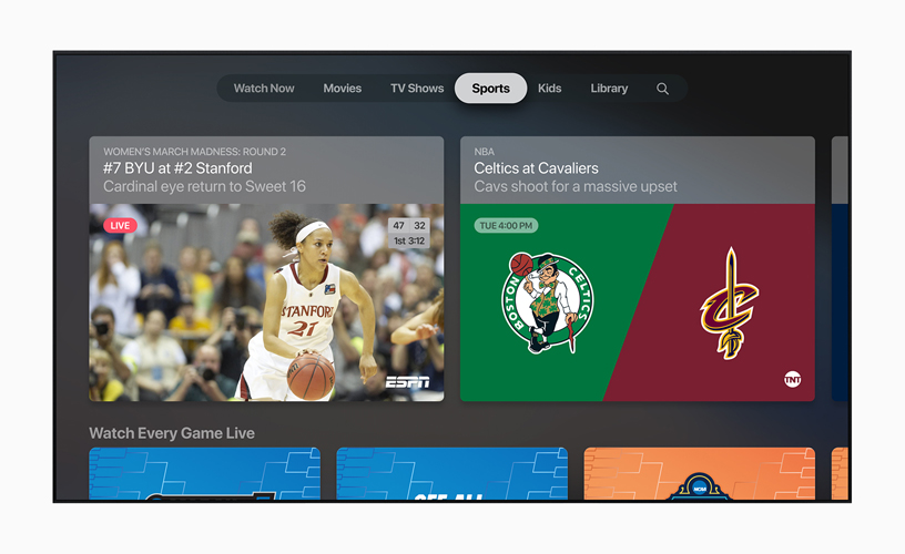 Apple TV uygulamasında Spor ekranı.