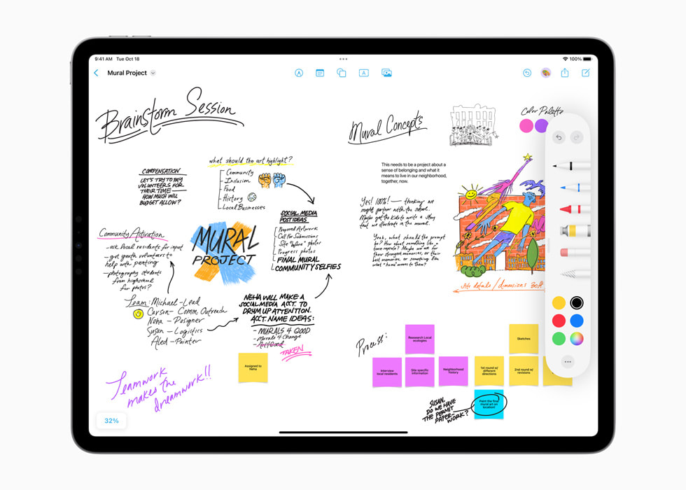 iPad Proで、スクリブルを使ったメモと数々の描画ツールが表示されているフリーボード。