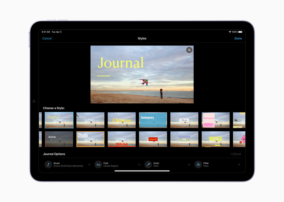 iMovie 3.0에 포함된 이미 완성되어 있는 독특한 스타일을 보여주는 iPad.