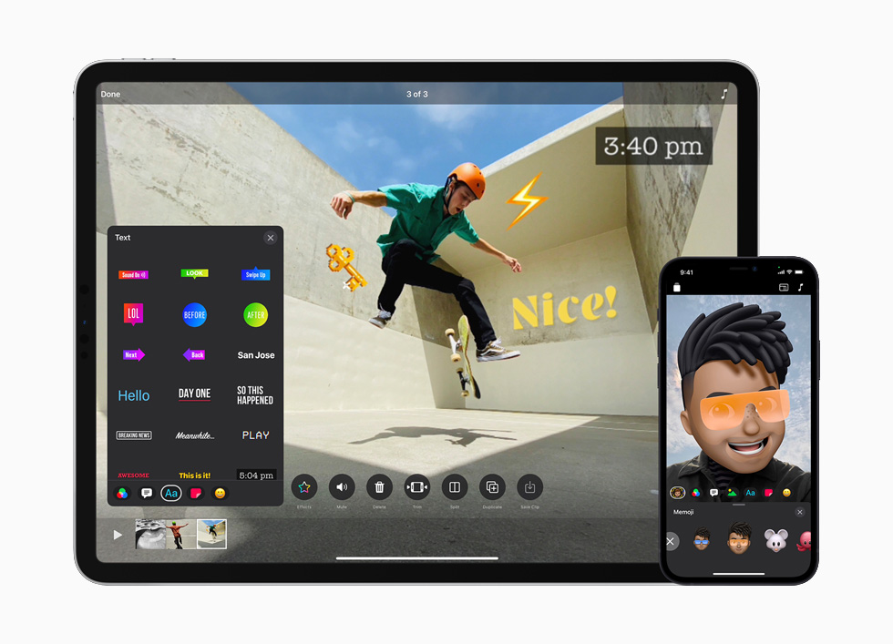iPad Air ve iPhone 12’de görüntülenen haliyle geliştirilmiş Clips arayüzü.