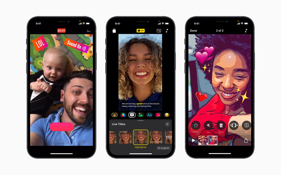 iPhone 12’de yeni çıkartmalar ve arka plan müzikleriyle süslenmiş üç Clips videosu görüntüleniyor.