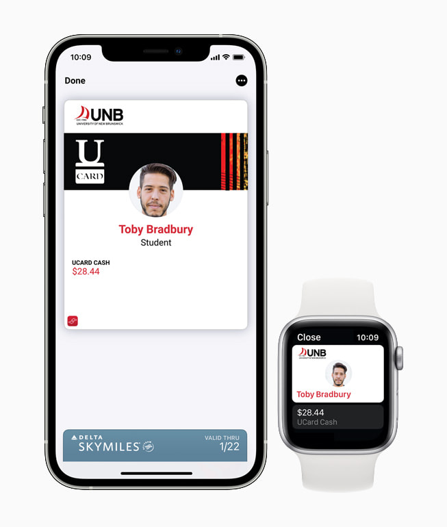 Carte d’un étudiant de l’Université du Nouveau-Brunswick dans Wallet sur iPhone 12 Pro et Apple Watch Series 6.