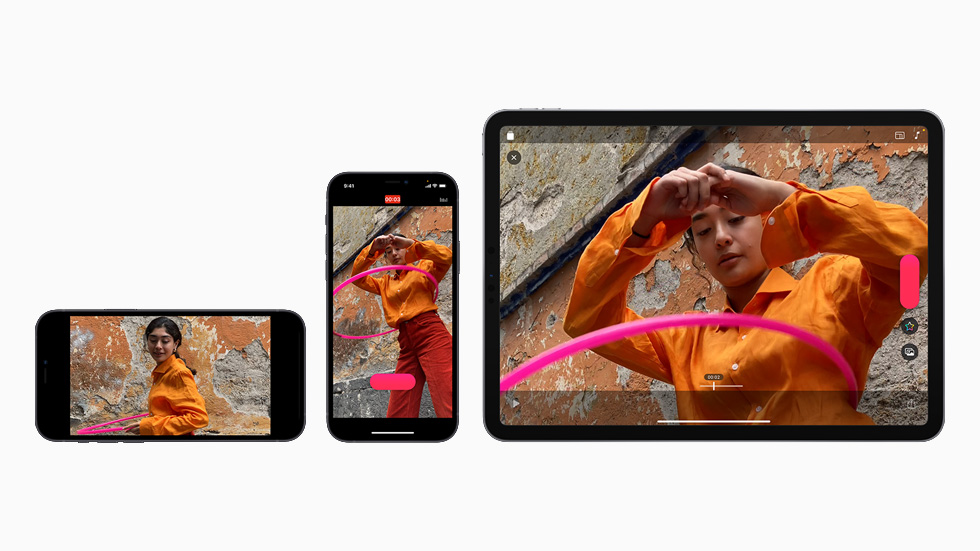 iPhone 12 ve iPad Air’de dikey ve yatay olarak üç Clips videosu görüntüleniyor.