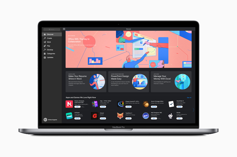 MacBook Pro의 Mac App Store 새로운 발견 페이지.