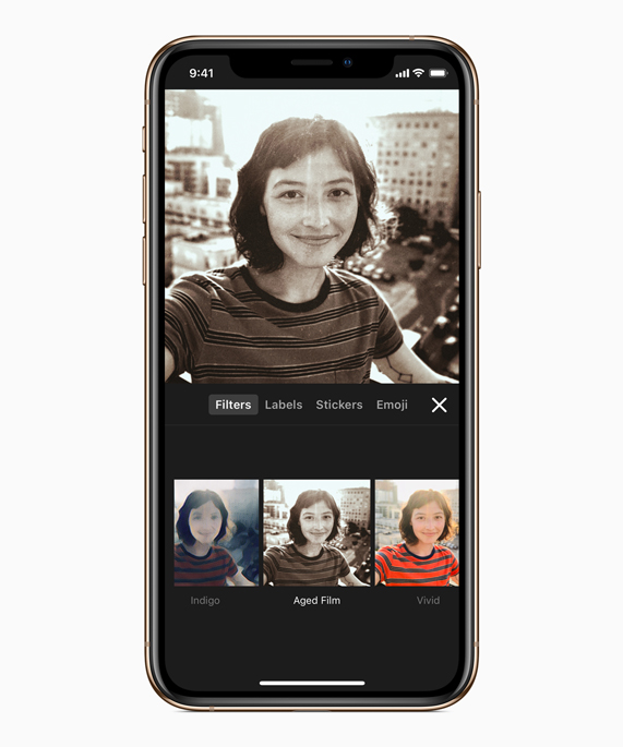 Yeni gerçek zamanlı filtre özelliğini gösteren Clips düzenleme ekranı.