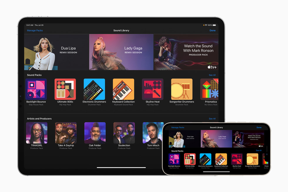 Lydbibliotek i GarageBand-appen, vist på iPad Pro og iPhone 12 Pro.