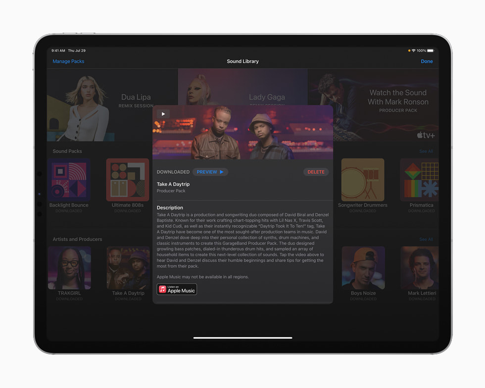 Informasjonskort for Take A Daytrip-produsentpakken i GarageBand-appen, vist på iPad Pro.