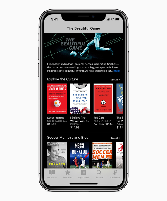 iBooks ekranındaki “The Beautiful Game”de futbolla ilgili indirilebilecek kitaplar gösteriliyor