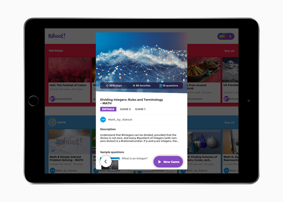 Kahoot! uygulamasında bir matematik oyununun ayrıntılarını gösteren bir iPad.