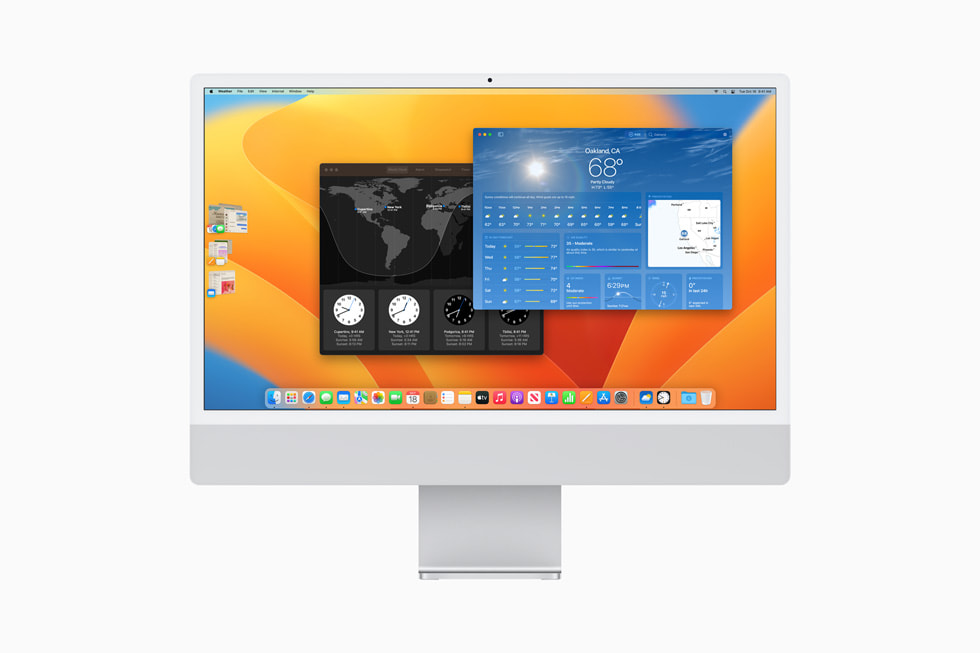 Macに表示されている天気アプリケーションと時計アプリケーション。