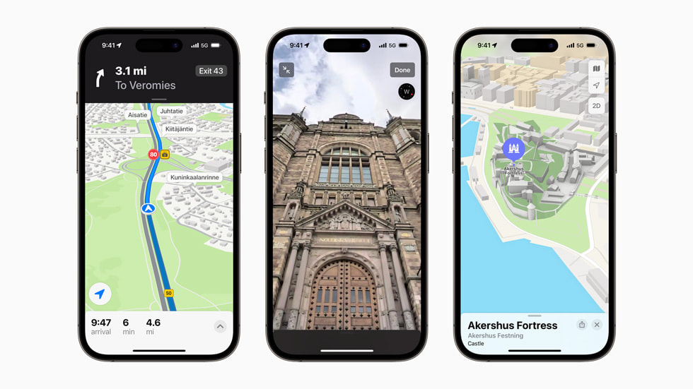 Nya funktioner i Kartor för Finland, Norge och Sverige visas på iPhone 14 Pro.