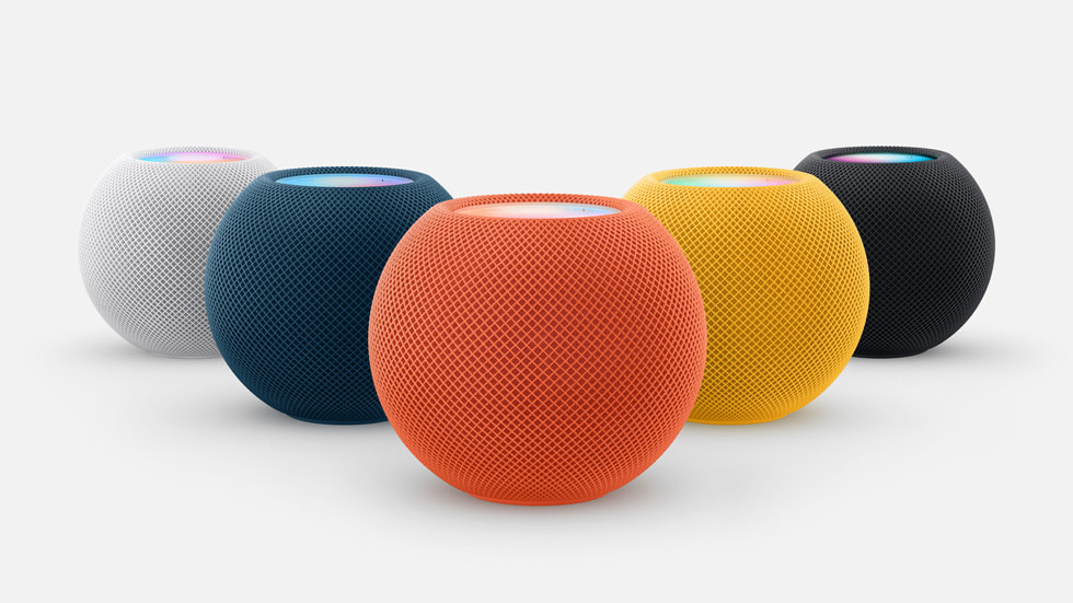 HomePod mini i hvit, blå, oransje, gul og stellargrå.
