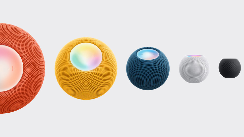 HomePod mini in oranje, geel, blauw, wit en spacegrijs.