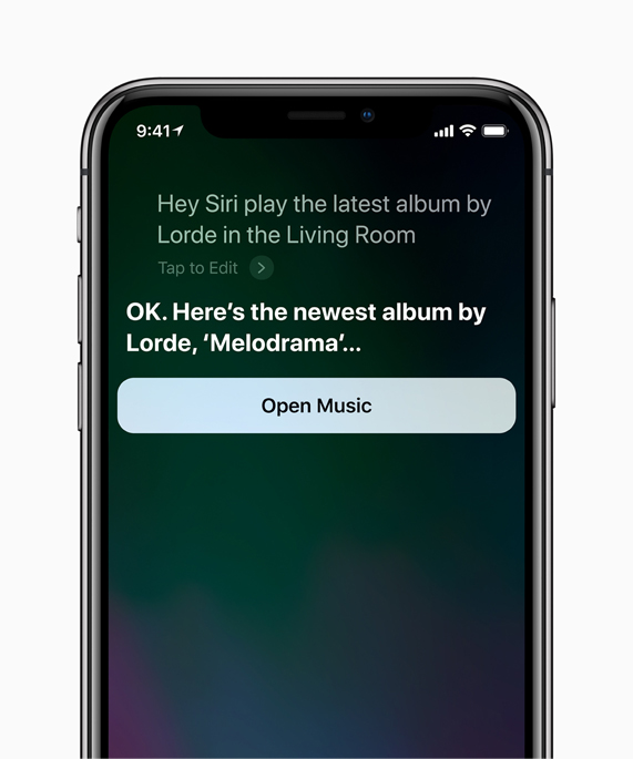 Siri’nin Lorde’nin Melodrama adlı en yeni albümünü gösterdiği iPhone X ekranı.
