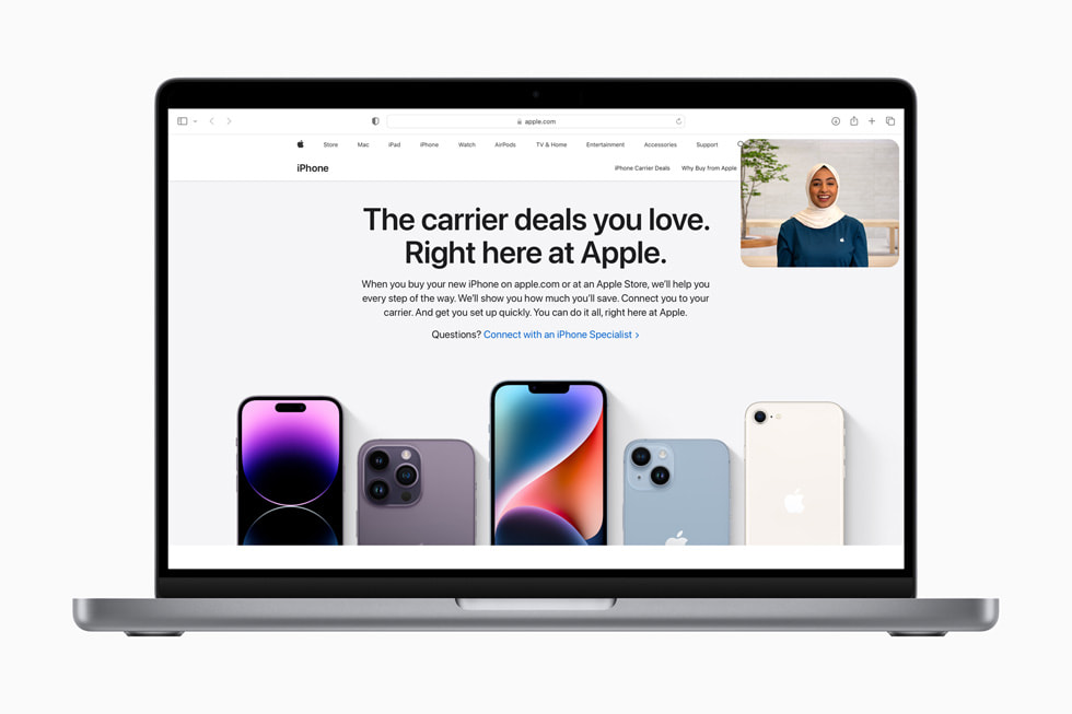Startsiden for tjenesten til køb med hjælp fra en ekspert viser iPhone 14-udvalget.