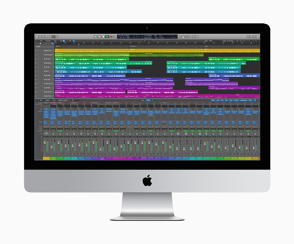 27 inç iMac’te Logic Pro X görüntüleniyor.