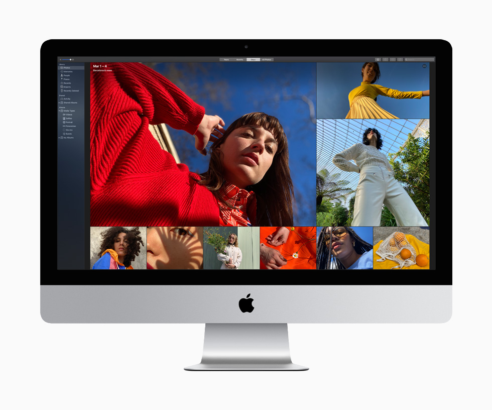 27 inç iMac’in canlı görüntü kalitesini gösteren zengin renklere sahip dokuz fotoğraf arasında, kırmızı bir hırka ve bluz giymiş bir kadınla sarı bir üst ve plili etek giymiş başka bir kadın.
