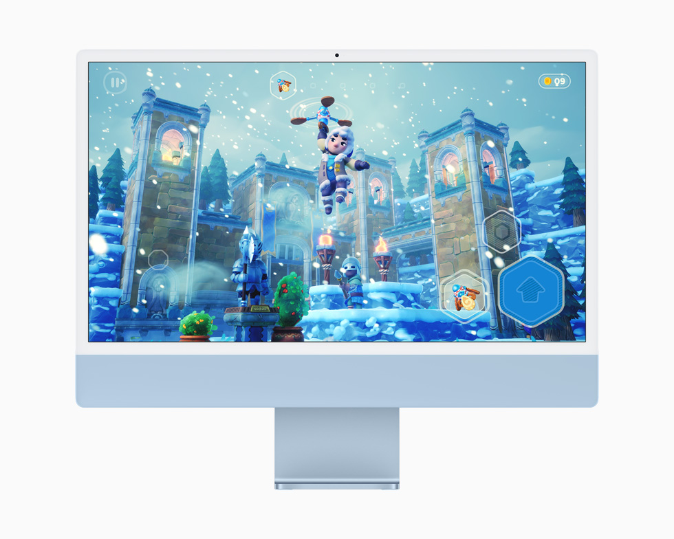 Apple Arcade의 게임을 보여주는 블루 색상의 iMac.