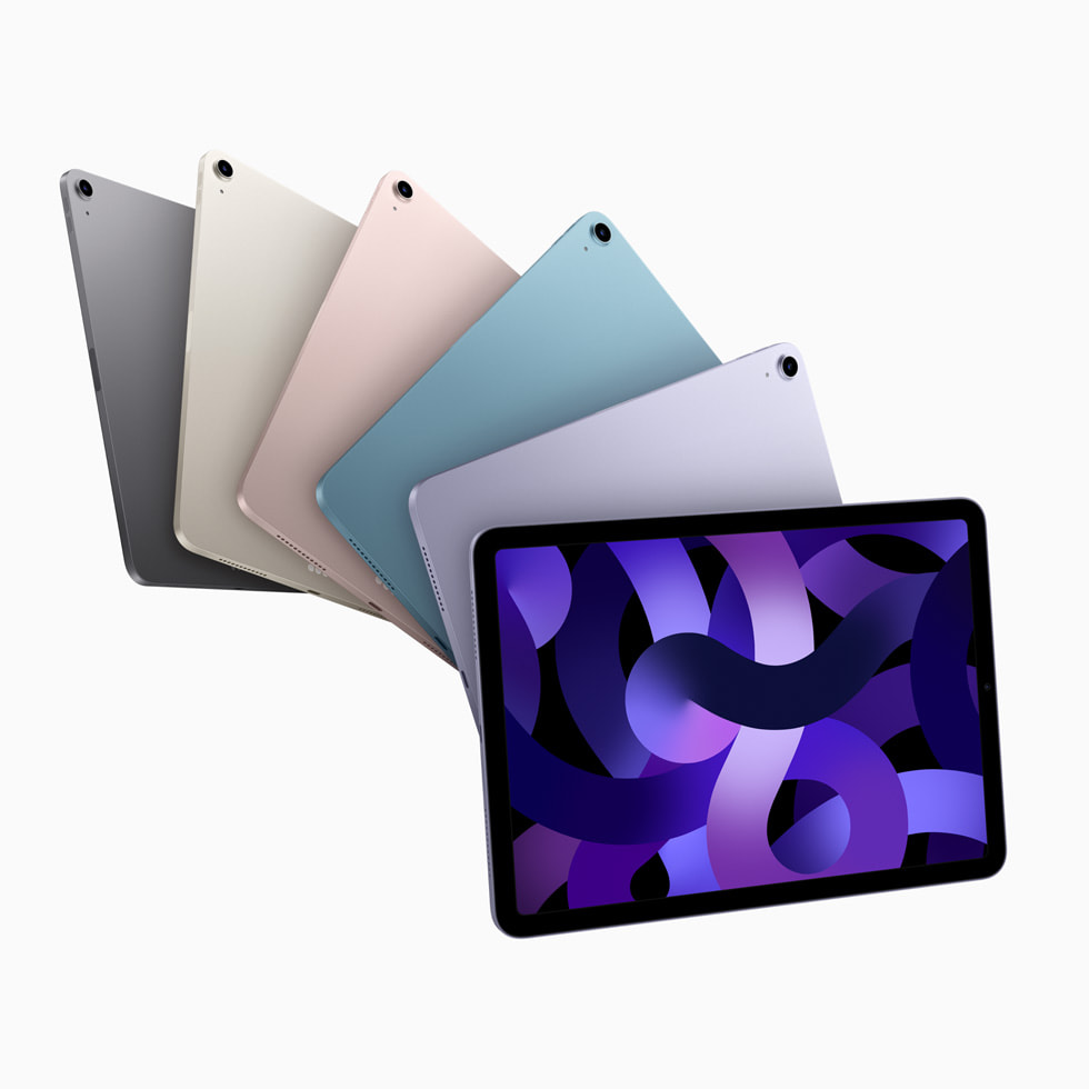 Uzay grisi, yıldız ışığı, pembe, mavi ve mor renk seçenekleriyle iPad Air.