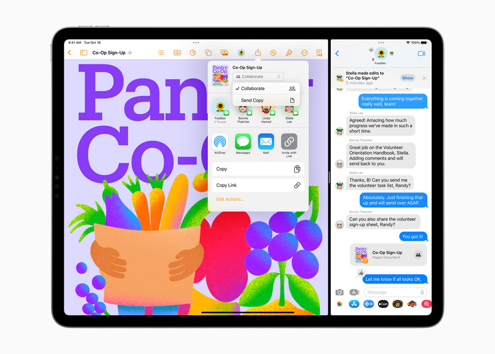 Yeni 12.9 inç iPad Pro’da iPadOS 16’daki Mesajlar uygulamasında sunulan yeni iş birliği özellikleri gösteriliyor.