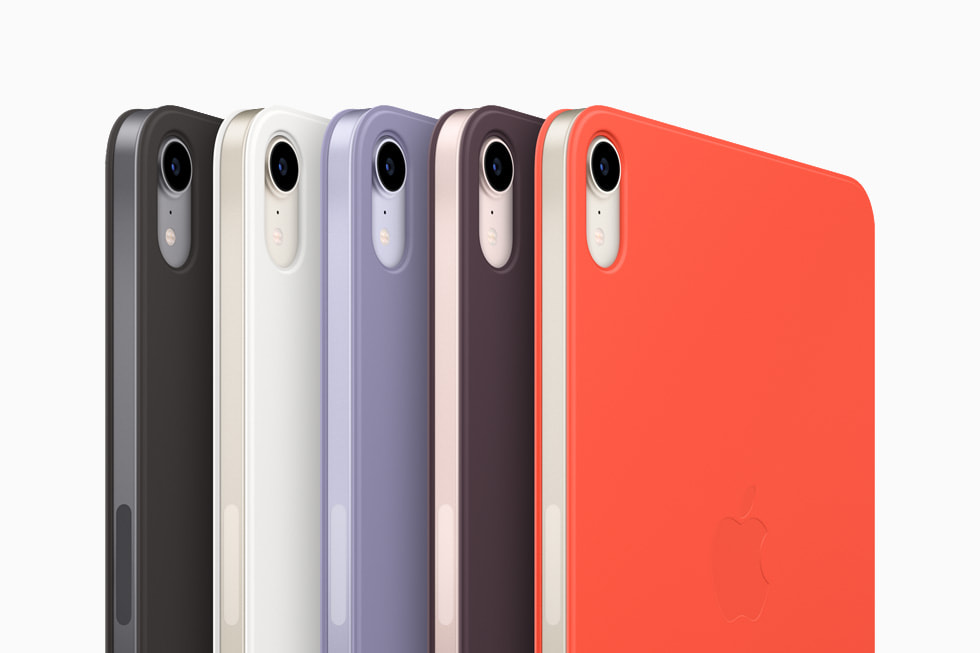 블랙, 화이트, 다크 체리, 잉글리시 라벤더, 일렉트릭 오렌지 색상의 iPad mini용 새로운 Smart Folio.