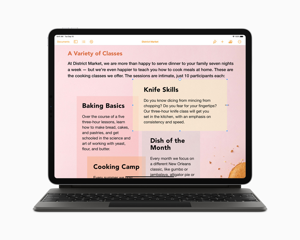 Magic Keyboard’a sahip yeni iPad Pro’da Pages uygulaması.